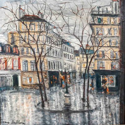 Serge Belloni (1925-2005) - Der Furstenbergplatz unter dem Regen Öl auf Leinwand um 1970