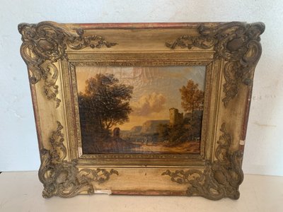 Oil on canvas "Animated landscape" wood and gilded stucco frame 19th century