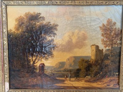 Oil on canvas "Animated landscape" wood and gilded stucco frame 19th century