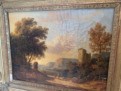 Oil on canvas "Animated landscape" wood and gilded stucco frame 19th century