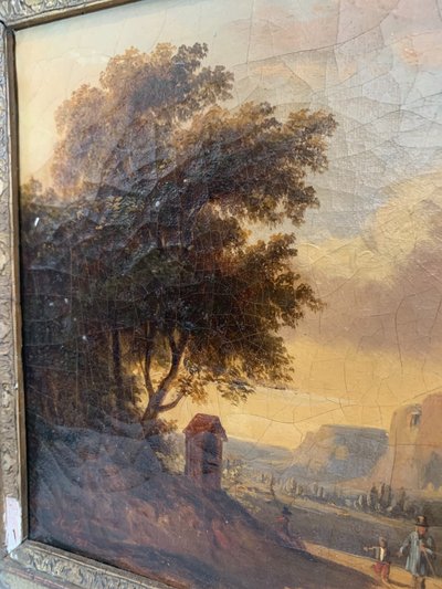 Oil on canvas "Animated landscape" wood and gilded stucco frame 19th century