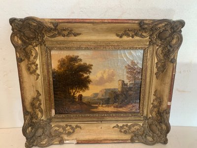 Oil on canvas "Animated landscape" wood and gilded stucco frame 19th century