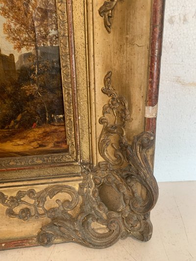 Oil on canvas "Animated landscape" wood and gilded stucco frame 19th century