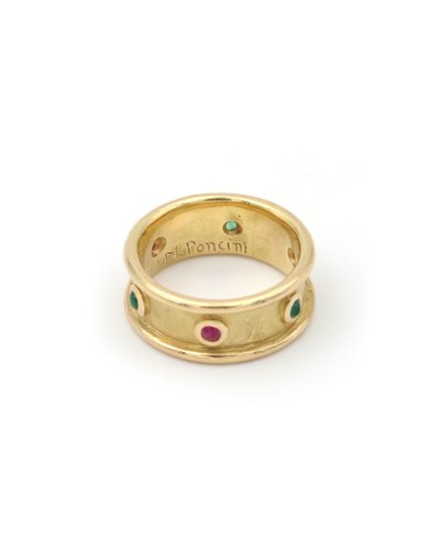 Ruby emerald band ring in 18k gold, "Archeology Revival", ruby and emerald cabochon