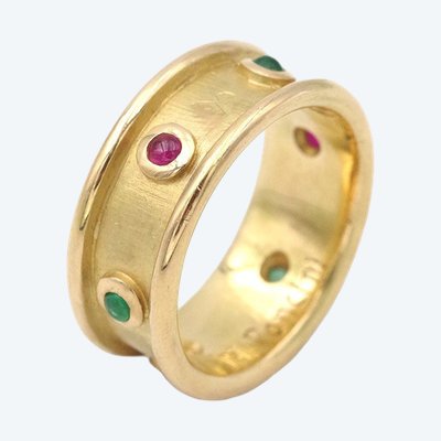 Ruby emerald band ring in 18k gold, "Archeology Revival", ruby and emerald cabochon