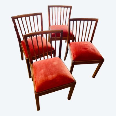 Set di 4 sedie in legno marrone con sedute in velluto rosso mattone, vintage