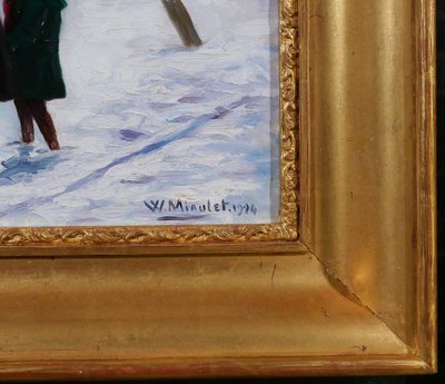 William Jean MIAULET 1868-1941 Il pupazzo di neve dei bambini, paesaggio, dipinto 1924 giochi di montagna