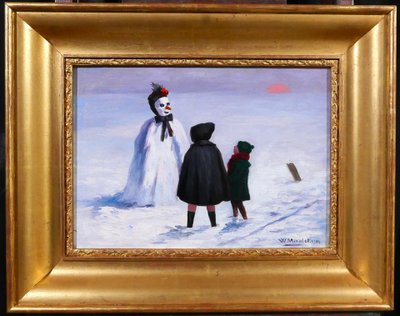 William Jean MIAULET 1868-1941 Il pupazzo di neve dei bambini, paesaggio, dipinto 1924 giochi di montagna
