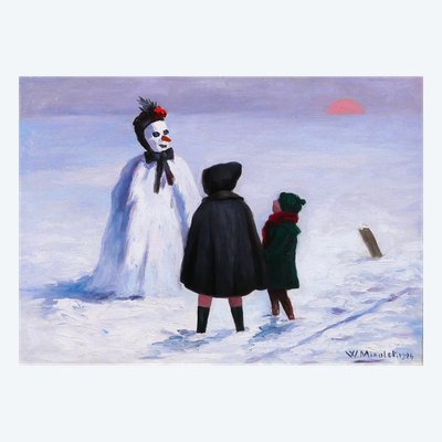 William Jean MIAULET 1868-1941 Il pupazzo di neve dei bambini, paesaggio, dipinto 1924 giochi di montagna