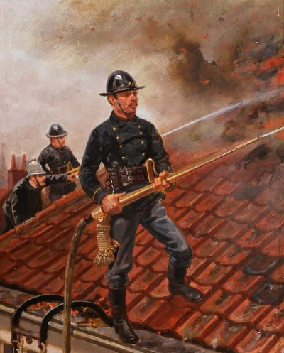 Louis GEENS 1835-1906 Pompieri che combattono un incendio a Gand, dipinto, 1877 sapeurs-pompiers Belgio