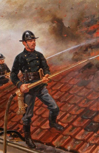 Louis GEENS 1835-1906 Pompieri che combattono un incendio a Gand, dipinto, 1877 sapeurs-pompiers Belgio