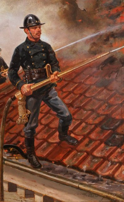 Louis GEENS 1835-1906 Pompieri che combattono un incendio a Gand, dipinto, 1877 sapeurs-pompiers Belgio