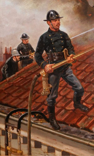 Louis GEENS 1835-1906 Pompieri che combattono un incendio a Gand, dipinto, 1877 sapeurs-pompiers Belgio