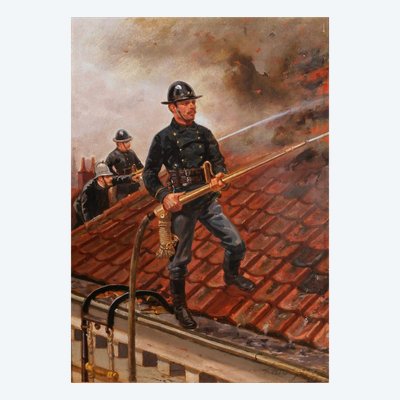 Louis GEENS 1835-1906 Pompieri che combattono un incendio a Gand, dipinto, 1877 sapeurs-pompiers Belgio
