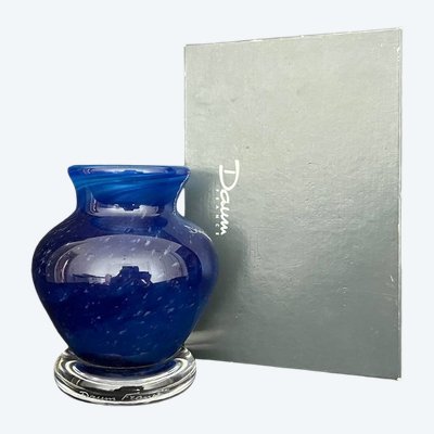 Daum France - Blue pâte de verre vase, with original box