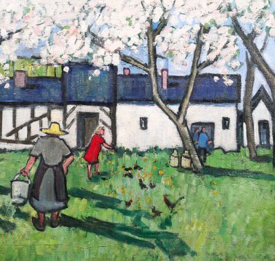 Henriette Le Pesqueux, Spring on the farm in Normandy, painting, c. 1930-40, flowering tree