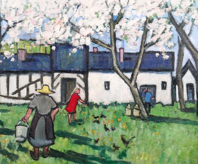 Henriette Le Pesqueux, Spring on the farm in Normandy, painting, c. 1930-40, flowering tree