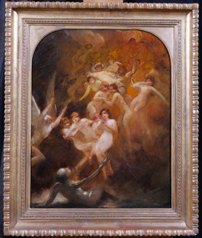 Pierre POUJOL, La tentazione di Sant'Antonio, dipinto religioso, 1890 circa Marsiglia, donna nuda