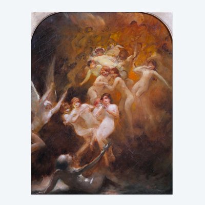 Pierre POUJOL, La tentazione di Sant'Antonio, dipinto religioso, 1890 circa Marsiglia, donna nuda