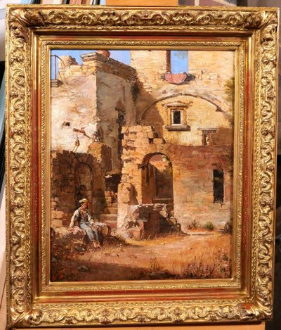 Federico WENZEL, Italie, paysage de ruines, tableau, 1863, Grand Tour Antiquité homme