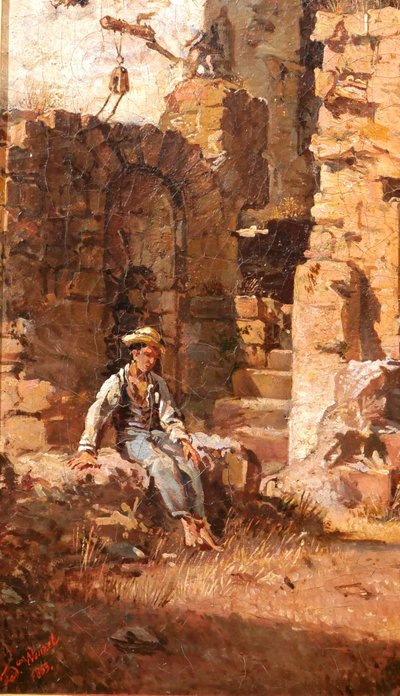 Federico WENZEL, Italie, paysage de ruines, tableau, 1863, Grand Tour Antiquité homme