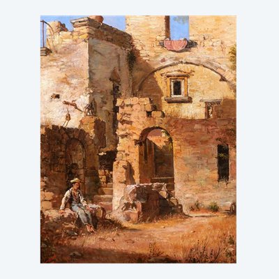 Federico WENZEL, Italie, paysage de ruines, tableau, 1863, Grand Tour Antiquité homme