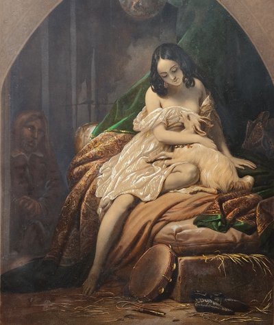 Incisione a colori Esmeralda e Quasimodo dopo Steuben XIX secolo Notre-Dame de Paris