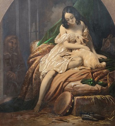 Incisione a colori Esmeralda e Quasimodo dopo Steuben XIX secolo Notre-Dame de Paris