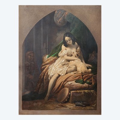 Incisione a colori Esmeralda e Quasimodo dopo Steuben XIX secolo Notre-Dame de Paris