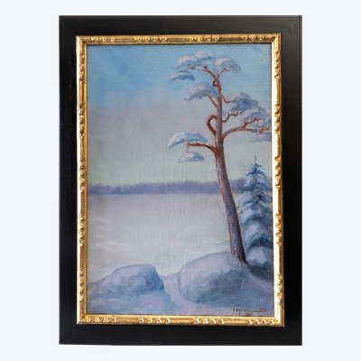 Winterlandschaft Ölgemälde auf Leinwand von G. Von Sparrvenfält Schwedischer Maler 20.