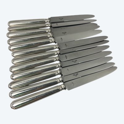 12 Käsemesser mit Silbergriff, Klingen aus rostfreiem Stahl