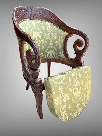 FRENCH CEREMONIAL ARMCHAIR, CARVED MAHOGANY STRUCTURE, EMPIRE PERIOD