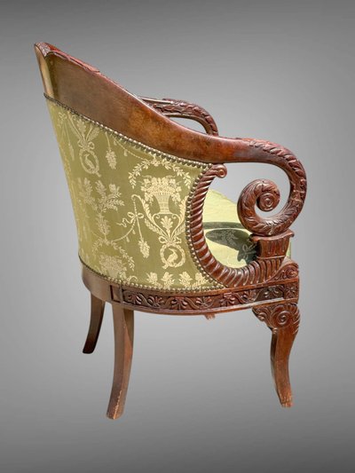 FRENCH CEREMONIAL ARMCHAIR, CARVED MAHOGANY STRUCTURE, EMPIRE PERIOD