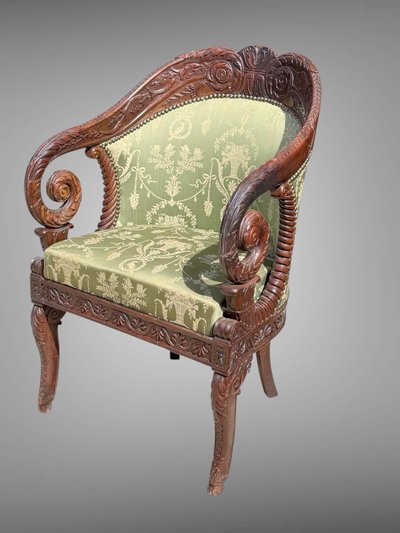 FRENCH CEREMONIAL ARMCHAIR, CARVED MAHOGANY STRUCTURE, EMPIRE PERIOD