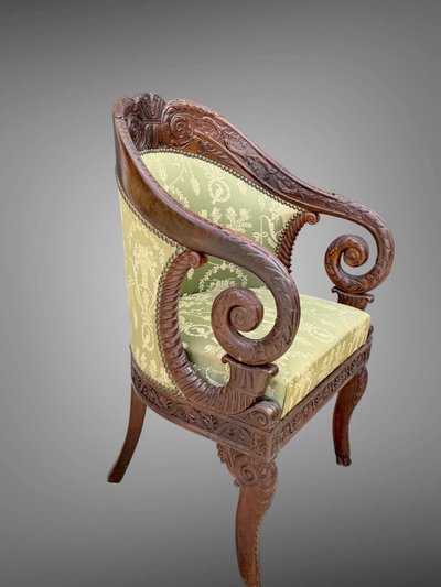 FRENCH CEREMONIAL ARMCHAIR, CARVED MAHOGANY STRUCTURE, EMPIRE PERIOD