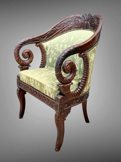 FRENCH CEREMONIAL ARMCHAIR, CARVED MAHOGANY STRUCTURE, EMPIRE PERIOD