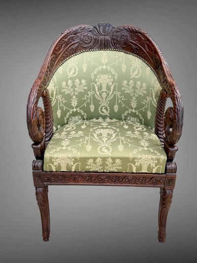 FRENCH CEREMONIAL ARMCHAIR, CARVED MAHOGANY STRUCTURE, EMPIRE PERIOD