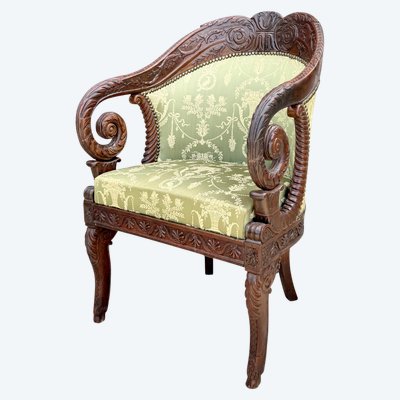 FRENCH CEREMONIAL ARMCHAIR, CARVED MAHOGANY STRUCTURE, EMPIRE PERIOD