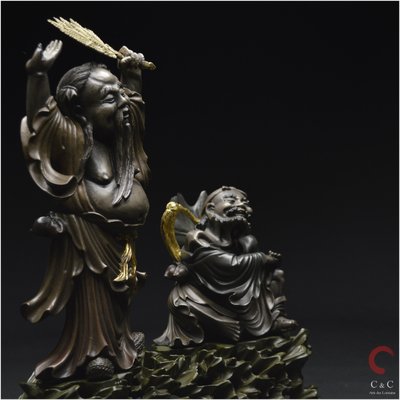 China, Qing Dynasty, 19th century, Polychrome lacquered wood group representing two Immortals