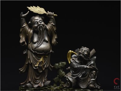 China, Qing Dynasty, 19th century, Polychrome lacquered wood group representing two Immortals