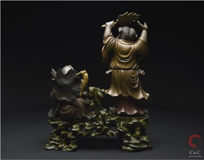 China, Qing Dynasty, 19th century, Polychrome lacquered wood group representing two Immortals