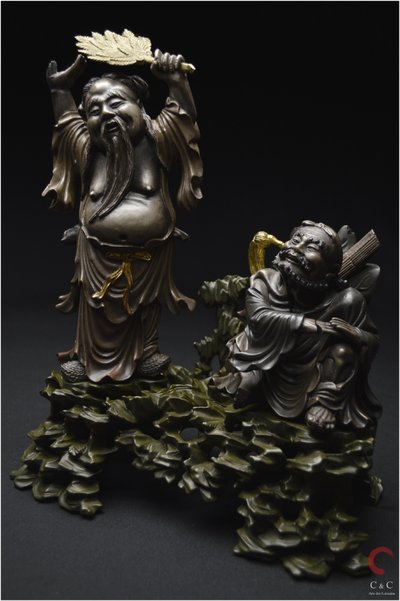 China, Qing Dynasty, 19th century, Polychrome lacquered wood group representing two Immortals