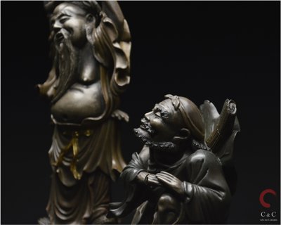 China, Qing Dynasty, 19th century, Polychrome lacquered wood group representing two Immortals