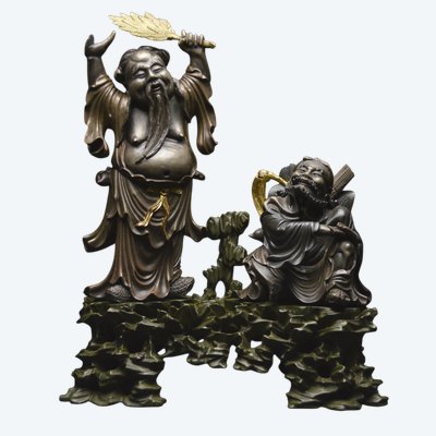 China, Qing Dynasty, 19th century, Polychrome lacquered wood group representing two Immortals