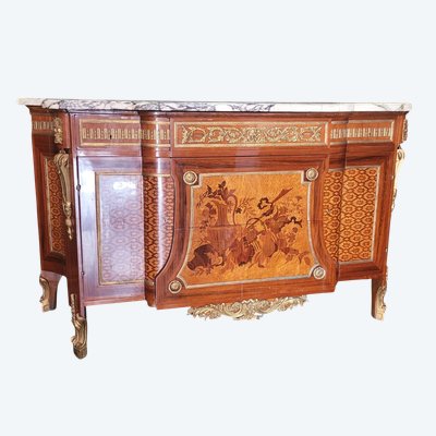 Grosse commode en marqueterie et bronze, Napoléon III, début XXème siècle
