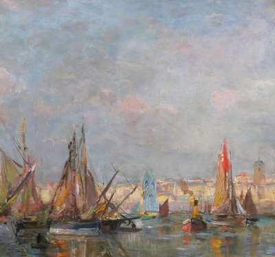 Edmond Petitjean 1844-1925 Les Sables d'Olonne, bateaux au port, tableau, paysage Vendée mer