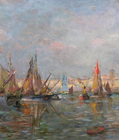 Edmond Petitjean 1844-1925 Les Sables d'Olonne, bateaux au port, tableau, paysage Vendée mer