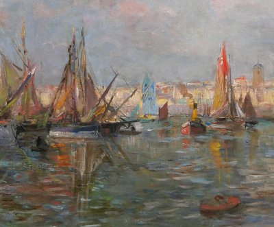 Edmond Petitjean 1844-1925 Les Sables d'Olonne, bateaux au port, tableau, paysage Vendée mer