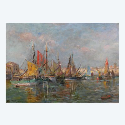 Edmond Petitjean 1844-1925 Les Sables d'Olonne, bateaux au port, tableau, paysage Vendée mer
