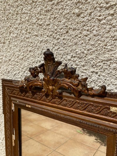Miroir rectangulaire en bois à fronton ajouré, style Louis XVI, XIXème - 60 x 90cm